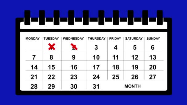 Анимация Календарного Альманаха Подсчета Вычеркивания Дней Достижения Номера Голубом Фоне — стоковое видео