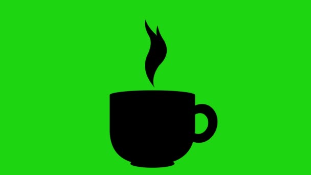 动画的黑色轮廓图标热饮杯与蒸汽移动 绿色色调的关键背景 — 图库视频影像