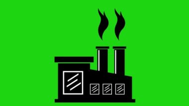 industrial factory icon animation, with smoke in the chimneys, on a green chroma key background