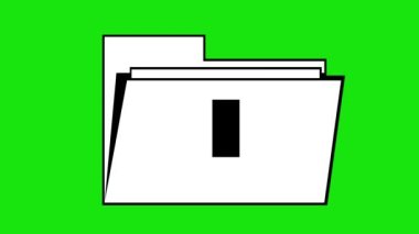Computer folder animation with an arrow moving down, drawn in black and white, for file download. On a green chrome key background