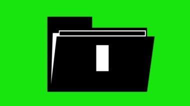 animation of icon of a black pc folder with a white arrow moving down, in concept of downloading file. On a green chrome key background