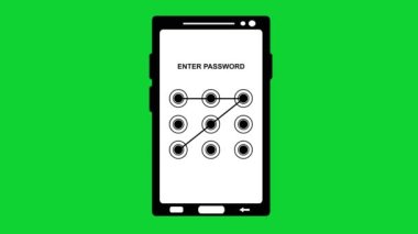 Siyah beyaz çizilmiş kilitli olmayan bir cep telefonu güvenlik deseninin canlandırması. Yeşil krom anahtar arka planında