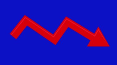 animation of a red arrow with downward trend on a blue chroma key background