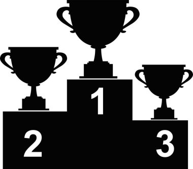 vector illustration icon of first, second and third place of the silhouette of trophy cups on a platform, designed in black and white