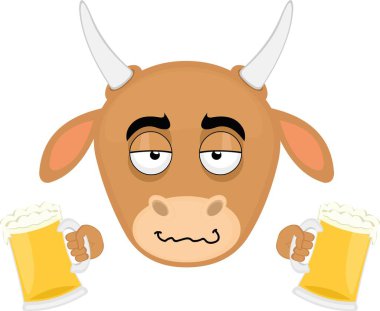 vector illustration face of a cow cartoon drunk with beers in her hands clipart