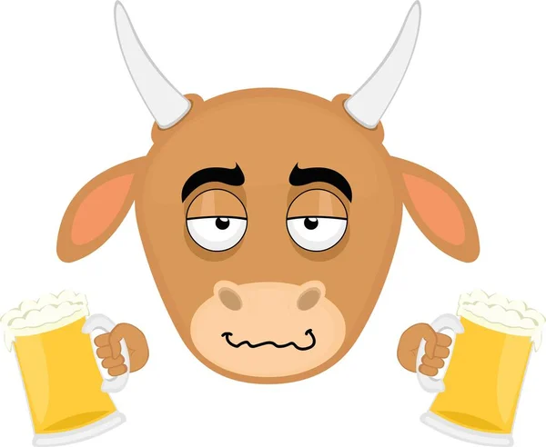 Vector Illustration Face Cow Cartoon Drunk Beers Her Hands Stok Ilustrasi 