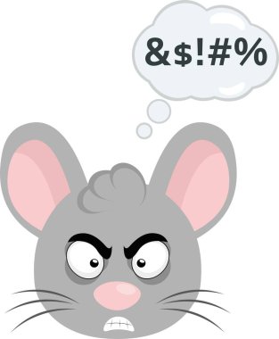 vector illustration face of a cartoon mouse with an angry expression, with a thought cloud with an insult text