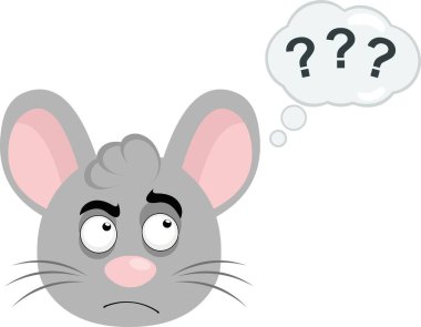 vector illustration face of a cartoon mouse with a thinking or doubtful expression, with a thought cloud with question marks