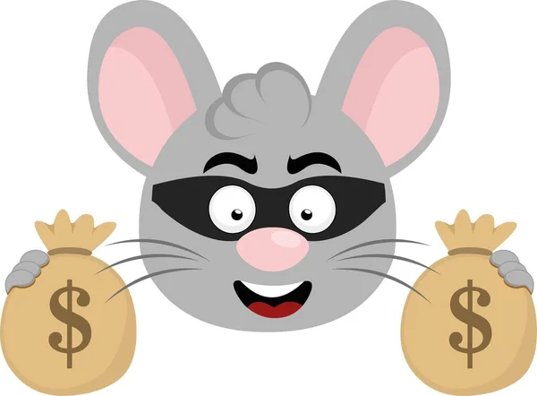 stock vector vector illustration face of a thief mouse, with mask and bags of money in his hands