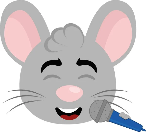 Vector Ilustración Cara Ratón Dibujos Animados Cantando Con Micrófono Mano — Vector de stock