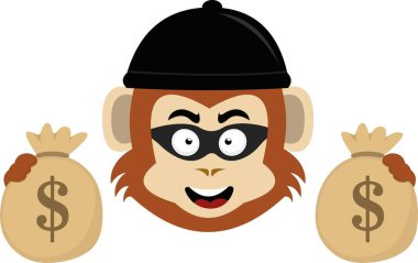 Bir maymun hırsız çizgi filminin vektör çizimi, maskeli, şapkalı ve para dolu çantaları olan.