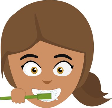 Esmer bir kızın dişlerini diş fırçasıyla fırçalayan vektör çizimi.