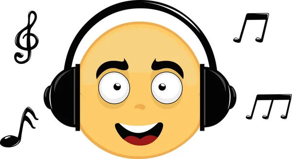 Vector Emoticono Ilustración Cara Personaje Dibujos Animados Amarillo Escuchando Música — Vector de stock
