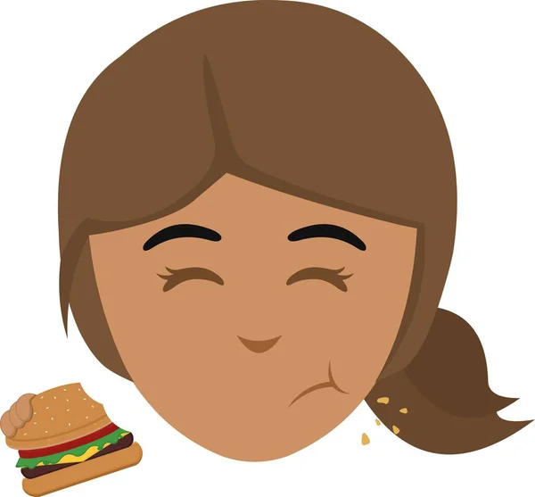 ハンバーガーを食べる漫画のブルネットの女性や女の子のベクトルイラストの顔 — ストックベクタ