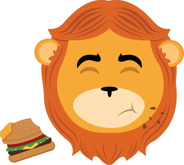 Ilustração Vetorial Rosto Leão Desenho Animado Comendo Hambúrguer — Vetor de Stock