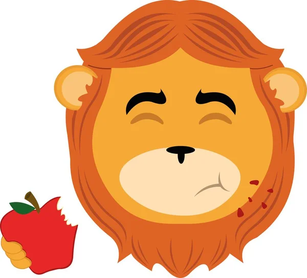 stock vector vector illustration face of a cartoon lion eating a red apple