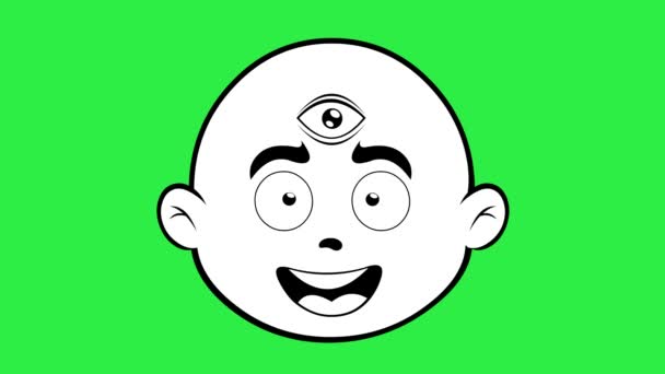 动画片人物面部表情激动 第三只眼睛眨了眨眼 黑白相间 在绿色的彩色键背景上 — 图库视频影像