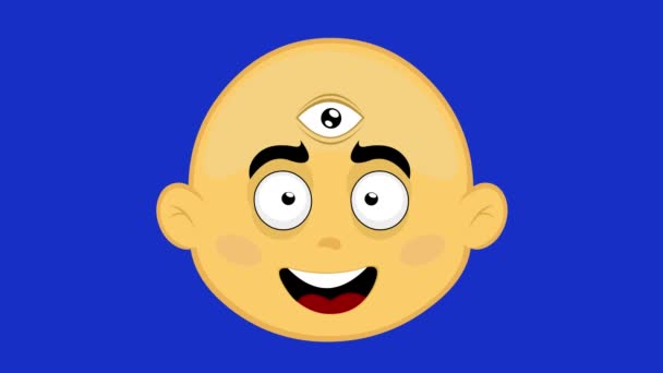 动画片人物黄和色的动漫表情使他的第三只眼睛眨了眨眼 蓝色的色键背景 — 图库视频影像