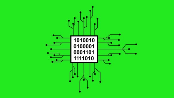 Animace Ikon Mikročipu Binárním Kódem Pozadí Zeleného Chromatického Klíče — Stock video