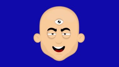 Mavi renkli anahtar arka planda, yanıp sönen üçüncü gözü olan kel bir adamın çizgi film karakteri yüzü.