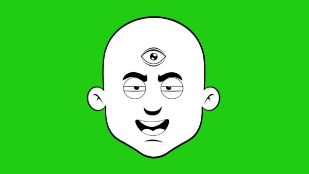 黒と白で描かれた3つ目の目が点滅するはげ男のアニメキャラクターの顔を描くビデオ 緑のクロマキーの背景に — ストック動画