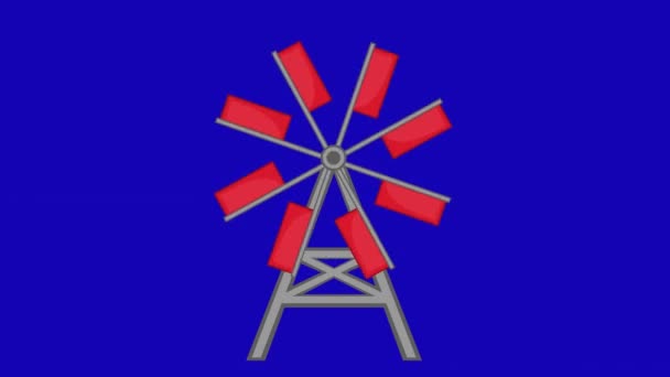 Cartoon Windmill Animation Rotating Propellers Blue Chroma Key Background — Stock Video