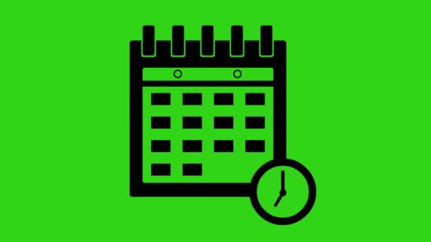 Animacja Wideo Czarna Ikona Almanachu Kalendarzowego Zegarem Poruszającym Zegarmistrzami Zielonym — Wideo stockowe