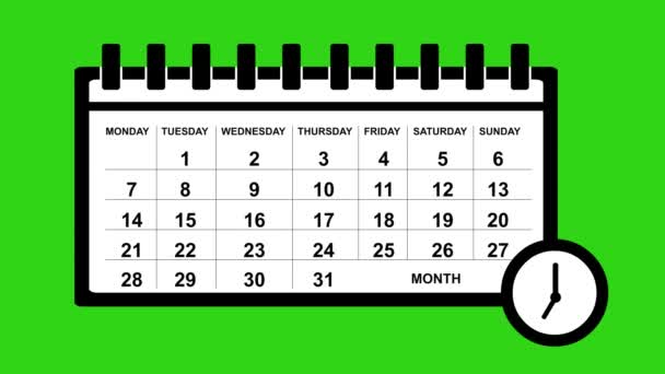 Animační Ikona Kalendáře Hodinami Pohybujícími Ručičkami Nakreslená Černobíle Zeleném Pozadí — Stock video
