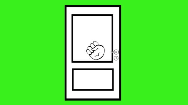 黒と白で描かれたドアをノックする手の絵アイコンアニメーション 緑のクロマキーの背景に — ストック動画