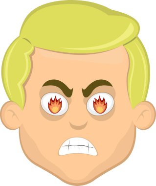Vektör illüstrasyonu, kızgın bir ifadeyle ve gözlerinde ateş alevleriyle sarışın adam karikatürü.