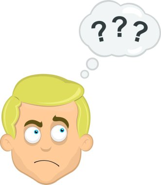 Mavi gözlü sarışın bir adamın vektör çizim yüzü. Düşünen ya da kuşkulu bir ifade. Düşünce ve soru işaretleri bulutu.