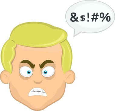 Çizgi film karakteri bir adamın vektör illüstrasyon yüzü kızgın mavi gözler, hakaret içeren baloncuk bir diyalog