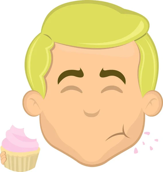 Illustration Vectorielle Visage Homme Blond Dessin Animé Mangeant Cupcake Muffin — Image vectorielle