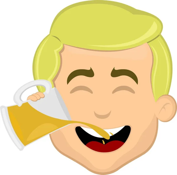 Illustrazione Vettoriale Volto Uomo Biondo Cartone Animato Bere Bicchiere Birra — Vettoriale Stock