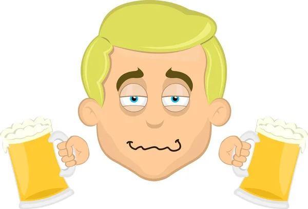 Vector Illustration Face Cartoon Blond Man Blue Eyes Drunk Beers — Stock Vector
