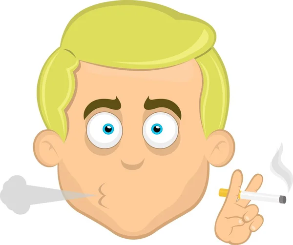 Vector Illustration Emoticon Face Blonde Man Blue Eyes Cartoon Smoking — Stock Vector