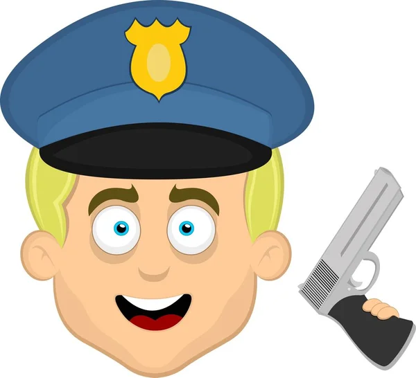 手に銃を持った漫画警官のベクトルイラストの顔 — ストックベクタ