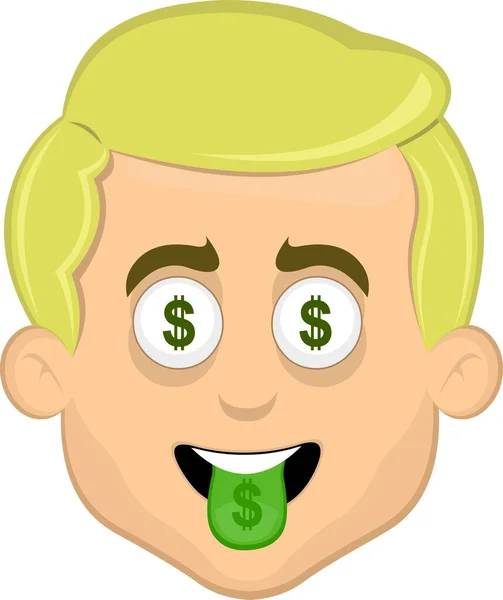 矢量插图面容金发碧眼的男子卡通画眼睛和舌头与美元标志 — 图库矢量图片