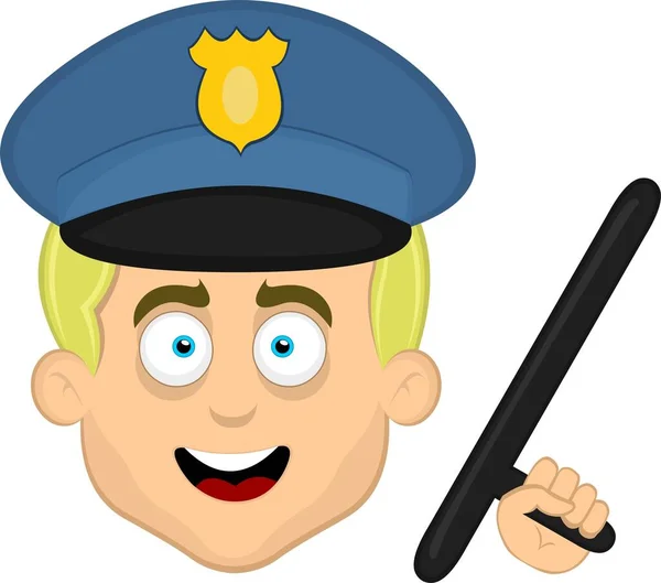 Vetor Ilustração Rosto Policial Desenho Animado Alegre Com Bastão Mão — Vetor de Stock