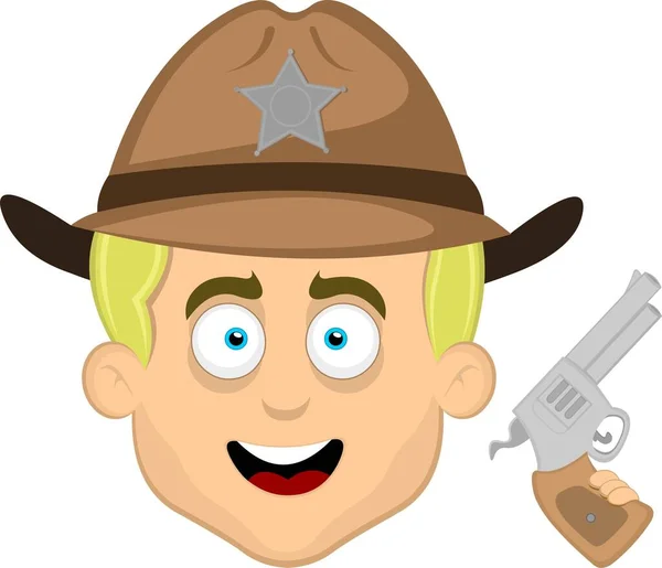 Vector Illustration Face Male Sheriff Cartoon Cheerful Gun Firearm Hand — Stock Vector