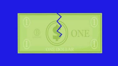 Ekonomik kriz kavramında bir dolar banknotunun ikiye ayrıldığını gösteren video animasyonu. Mavi krom anahtar arka planında