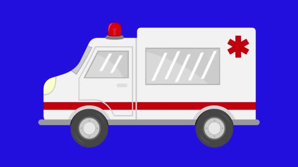 救护车卡通片的视频动画 带有车轮和紧急警报器 蓝色关键背景 — 图库视频影像