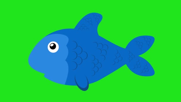 青いマンガの魚が泳ぐ映像ですフィンを動かします 緑のクロマキーの背景に — ストック動画