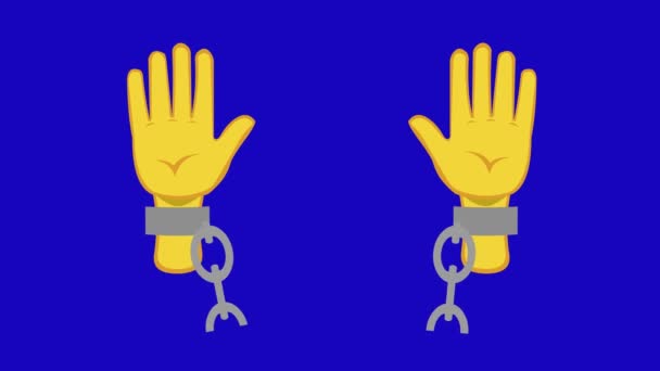 Videoanimation Der Hände Cartoon Gelbe Farbe Brechen Ketten Auf Blauem — Stockvideo