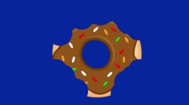 Video animasyon ısırıyor ve çizgi film donutu yiyor. Mavi krom anahtar arka planında