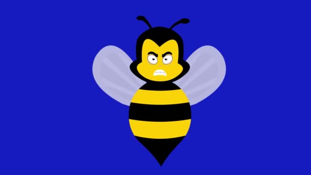 视频动画蜜蜂带着愤怒的表情 蓝色的色键背景 — 图库视频影像