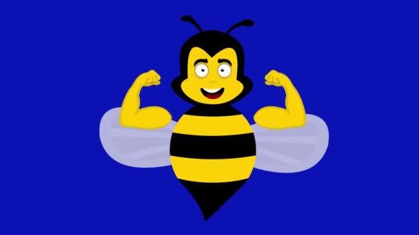 Видеоанимация Пчелиного Мультфильма Веселым Выражением Лица Показом Бицепсов Рук Фоне — стоковое видео