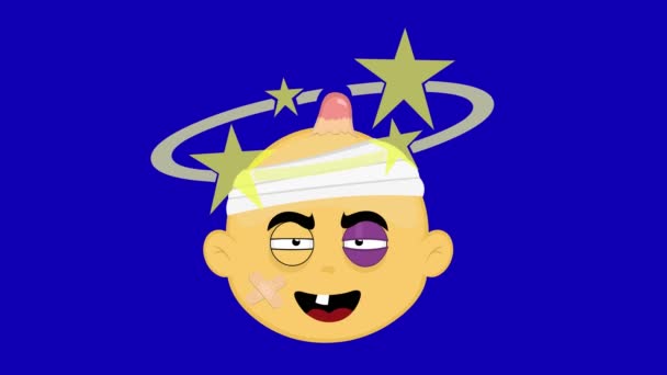 视频动画面对动感卡通角色黄黄的 伤痕累累 一只黑眼睛 与一颗撞在一起的星星旋转在头上 蓝色的色键背景 — 图库视频影像