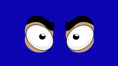 Kızgın bir ifadeyle video animasyon gözleri karikatürü. Mavi krom anahtar arka planında