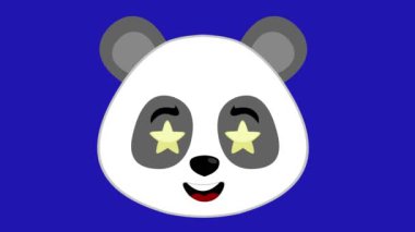 Video animasyon yüz panda çizgi filmi. Şaşırmış bir ifade ve gözlerinde yıldızlar var. Mavi krom anahtar arka planında
